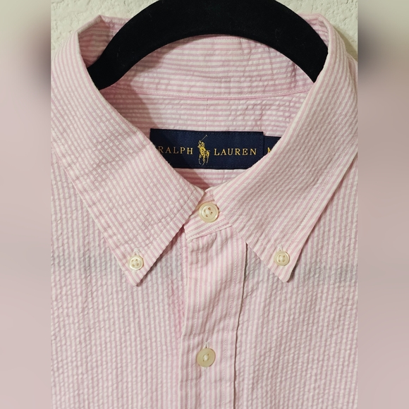 Ralph Lauren Shirt Mens M Short Sleeve Button Down Seersucker Striped Pink - Picture 6 of 9